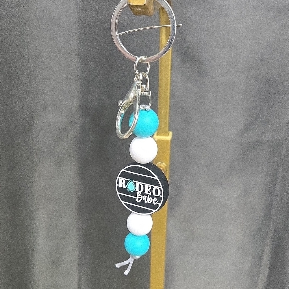 Teal & White Beaded Keychain Key Holder